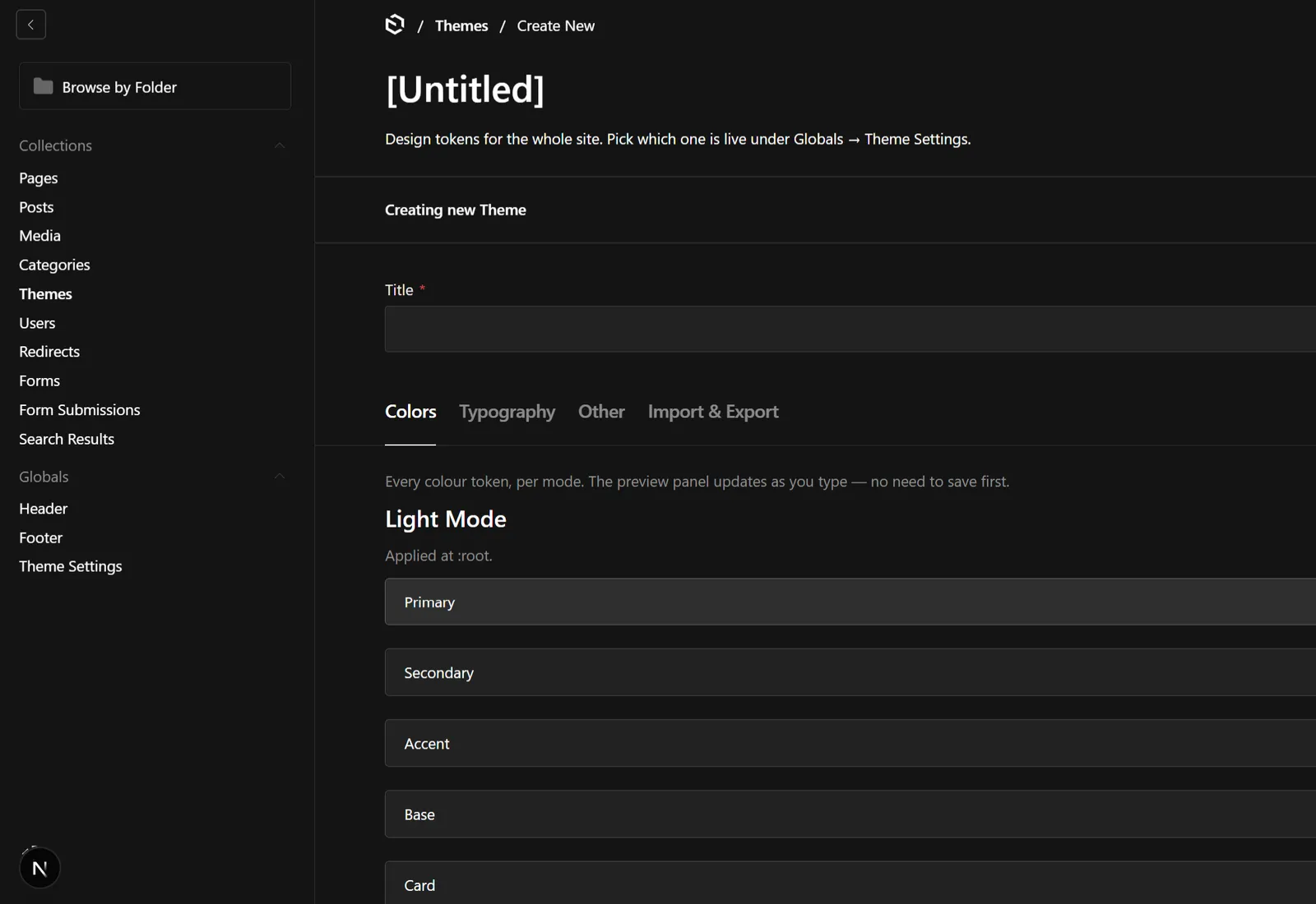 Payload CMS admin panel editing design tokens
